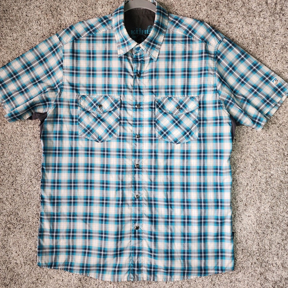 Kuhl Plaid Shirt Mens Large Blue Short Sleeve Snap Front Hiking Outdoor EUC